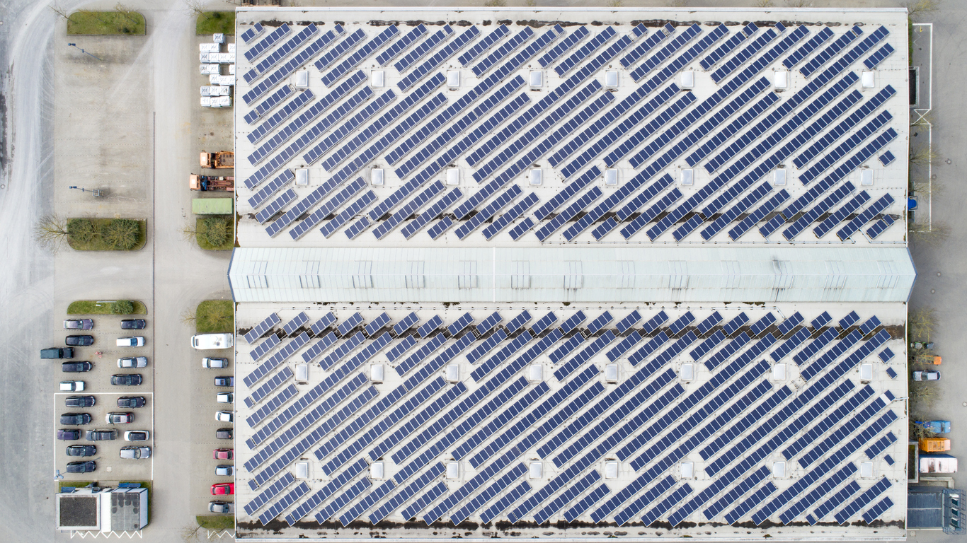 a birds eye view of a group of solar panels